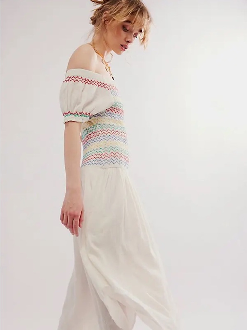 Free People Embroidered Smocked Handkerchief Midi Dress Ivory L